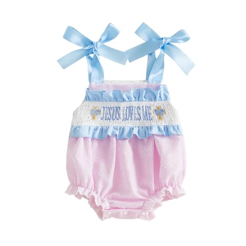 Image of Rourufy 4th Of July Baby Girl Outfits Bow Plaid Bubble Smocked Romper American Flag Onesie Cute Bodysuit Summer Clothes