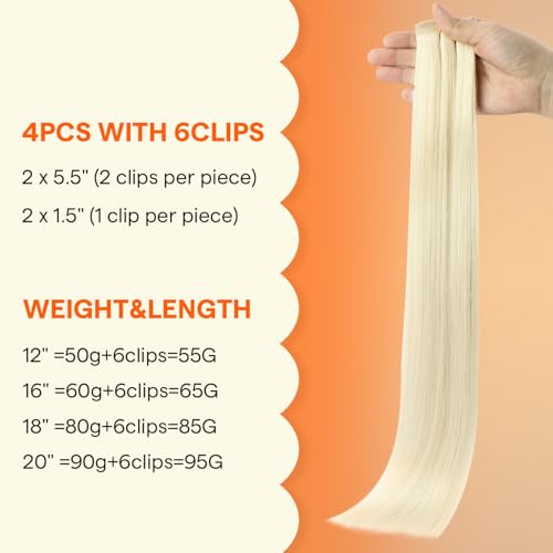 Image of Full Shine Seamless Clip in Extensions, Light Blonde, Straight | Real Human Hair, 20 Inch 95g 4 Pcs, Crown and Side Fill ins, Soft Silky, Celebration Styling, Long Hair