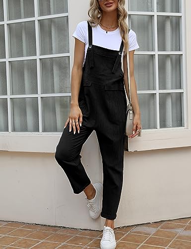 Vanchenl Women's Casual Loose Cotton Linen Overalls Summer Baggy Adjustable Jumpsuits Rompers Harem Pants (Black-L)