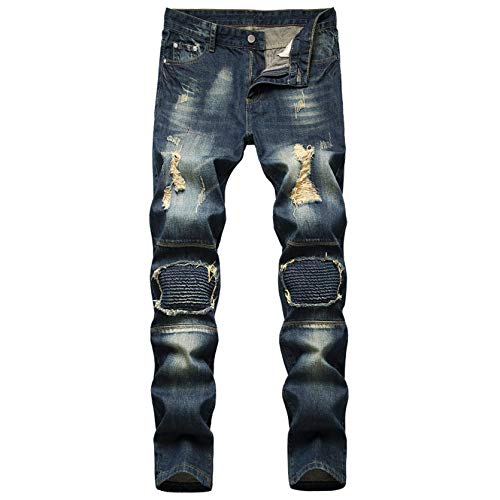 Men's Distressed Ripped Jeans Straight Hip Hop Biker Jean Trousers Slim Vintage Camo Patchwork Hole Denim Pants