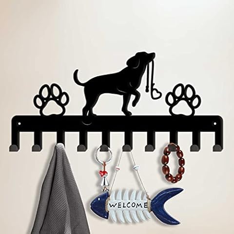 SUPERDANT Dog Metal Key Holder Dog and Paw Prints Key Hooks 10 Hooks Black Iron Wall Mounted Hooks for Bag Clothes Key Hanging Wall Decoration 11.5x25cm Cover