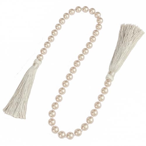 Fenghuangwu 34 Inch Pearl Glass Bead Garland with Tassels - Elegant Boho Table Decor, Fringe Wall Hanging for Wedding, Party, Farmhouse Rustic Prayer Bead Home Decoration(1 Pack,Off White)