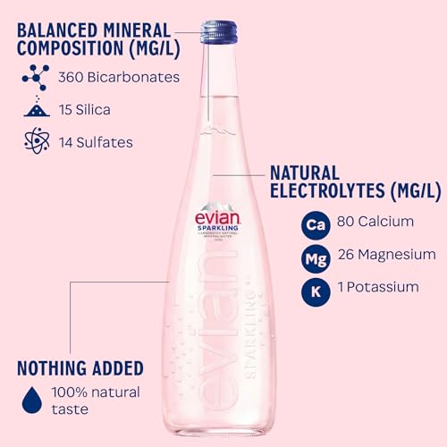 Image of evian Sparkling Carbonated Natural Mineral Water 330ml Glass Bottle, Case of 20 Bottles, Naturally Filtered Drinking Water, Sparkling Water Crafted by Nature