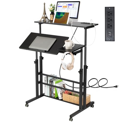 Image of Hadulcet Stand Up Desk, Rolling Desk Adjustable Height, Mobile Standing Desk with Wheels & Charging Station, Portable Stand for Laptop, Rolling Computer Cart TV Tray, Small Standing Desk Drawing Table