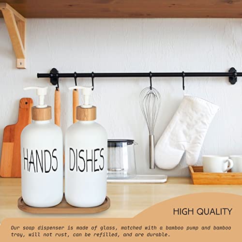 Image of Glass Soap Dispenser Set. Hand Soap and Dish Soap Dispenser with Bamboo Tray. Vintage Soap Dispenser with Pump for Kitchen Sink and Bathroom. Stylish Permanent Labels (Matte White)