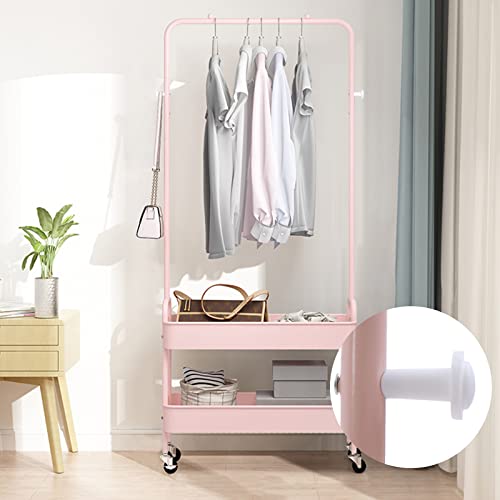Modern Garment Rack Clothing Stand With 2 Tier Metal Basket And Universal Wheel Square Suit Dress Garment Rack Dress Display Stand Floor Hanger Storage Rack For Home Wedding Clothing Store (Pink) #TOP2