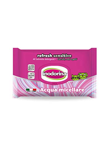 Inodorina Toallitas Desinfectantes para Perros y Gatos Refresh Sensitive Agua Micelar (40 Unidades). Toallitas Húmedas de Higiene para Mascotas, Tejido Resistente Sin Alcohol.