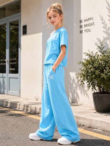 Image of Teen Girls Clothes Off the Shoulder Top and Wide Leg Pants Matching Outfit Set with Pockets Size 7-16