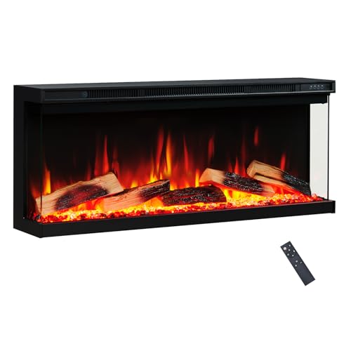 FLAMEKO Leura with Premium Logs 102cm/40" 3-Sided Panoramic View Electric Fireplace or Recessed, 9 Colour LED Flame Effect, TV Safe Media Wall Fire, 2 Heat Settings 900-1800W, Remote option