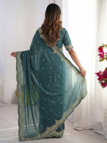 Image of SIRIL Women's Shimmer Georgette Scalloped Border Sequins Embroidery Saree with Unstitched Blouse Piece