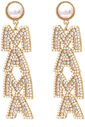 Pingyongchang Mother's Day Earrings Beaded Rhinestone Crystal MAMA Dangle Earrings Long Statement Beads Drop Earrings Mom Jewelry Birthday Mother's Day Gifts-White