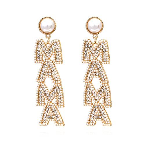 Pingyongchang Mother's Day Earrings Beaded Rhinestone Crystal Mama Dangle Earrings Long Statement Beads Drop Earrings Mom Jewelry Birthday Mother's Day Gifts-White #TOP25