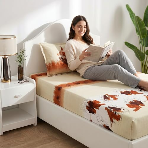 Image of Mafatlal 186 TC Autumn Delight Graceful Pure Cotton Single Flatsheet (60 x 90 Inch) | Breathable Summer Comfort | Wrinkle-Free Floral Bedsheet with 1 Pillow Cover, Beige Brown
