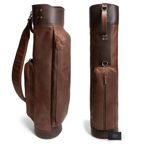 Leather Golf Bag with Top Divider & Shoulder Strap, Vintage Club Golf Cart Bags for Men & Women, Carry Sunday Silencer Stand Bag, Mens Travel Walking Cases, Hard Case Light Weight (Bourbon Brown)