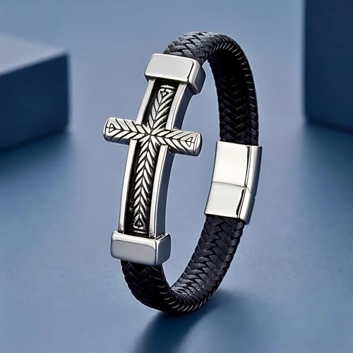 Image of THE MEN THING Leather Bracelet for Men - American Style Genuine Leather Multi-Layer Braided Bracelet with 100% Stainless Steel Magnetic Buckle for Men & Boys (8 inch)