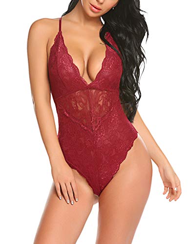 Lucyme Damen Reizwäsche Sexy Body Dessous Spitze Bodysuit Tiefer V-Ausschnitt Erotische Lingerie Negligee Babydoll Unterwäsche S Weinrot