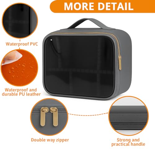 Image of Coslifestore Transparent Cosmetic Case | Travel Makeup Organizer Bag with Handle & Adjustable Compartments | Portable Waterproof Storage for Cosmetics, Skincare & Toiletries for Women (Grey)