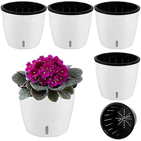 4 Pack Self-Watering Pots with Water Indicator for Indoor Plants,Large African Violet Pot for Outdoor Plants,Self-Watering Planters White for Devil's Ivy,Spider Plant,Orchid for Office Home DéCor Cover