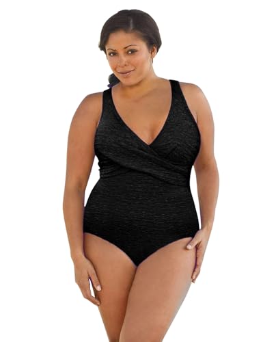 Penbrooke Krinkle Plus Size Cross Over Mio One Piece Swimsuit - Black - 18W