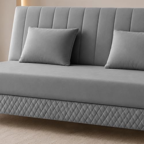 Image of Rosebell Modern 3 Seater Velvet Sofa Cum Bed with Cushion | Premium Upholstered Fabric | Tufted Backrest | Wooden Legs | Living Room Furniture | Grey