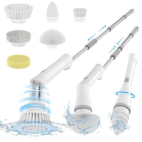 Electric Spin Scrubber, Upgrade 6 in 1 Electric Cleaning Brush Spin Scrubber with 6 Replaceable Brush Heads Power Scrubber Dual Speed with Adjustable & Detachable Handle for Kitchen, Floor, Bathroom