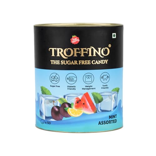 Image of TROFFINO SUGAR FREE Mint Assorted Candy Tin 4 Mouth Watering Mixed Fruit Flavors, (50 Candies) - Black Cherry, Paan, Watermelon, Fresh Mint - Pack of 1