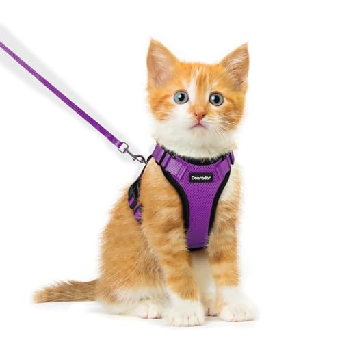 Dooradar Cat Harness and Leash Set, Escape Proof Safe Adjustable Kitten Vest Harnesses for Walking, Easy Control Soft Breathable Mesh Jacket with Reflective Strips for Cats, Purple, XXS