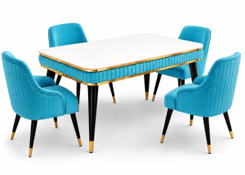 Image of WOODEN SPACE 4 Seater Wooden Dining Table Set | Urban Marble Top Dining Table with Chairs for Dining Room & Kitchen (Modern Zyro Sky Blue) (54 x 36 x 30 inch)