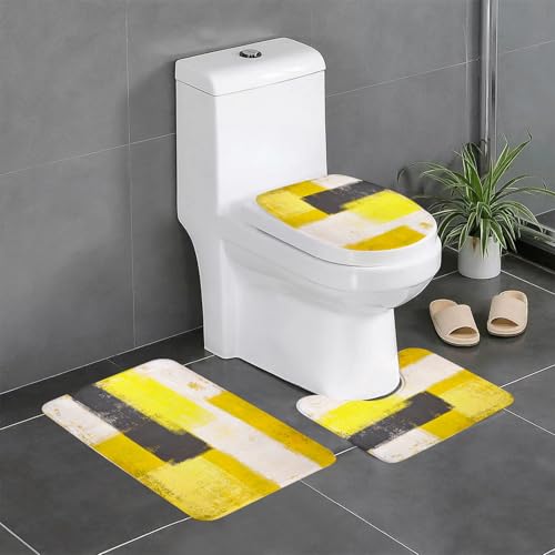 EYLOZS Badezimmerteppich Set 3 Teilig Waschbar rutschfeste Badematte Toilettenmatte Weich Saugfähige Badteppiche,Grau und Gelb, abstrakte Pinselstriche im Grunge-Stil, Weiß, Anthrazit und Hellgelb