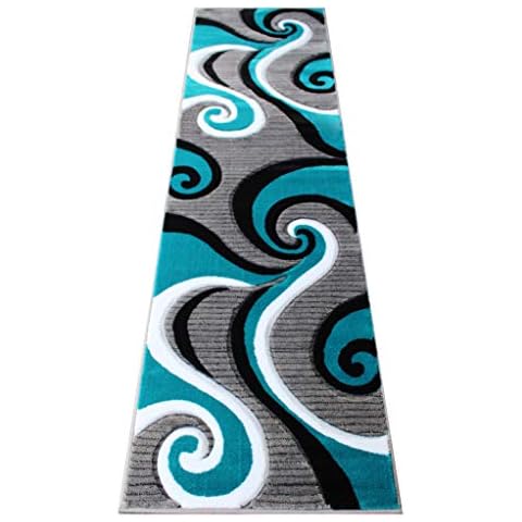 Masada Rugs, Sophia Collection Hand Carved Area Rug Modern Contemporary Turquoise White Grey Black (2 Feet X 7 Feet 3 Inch) Runner Cover
