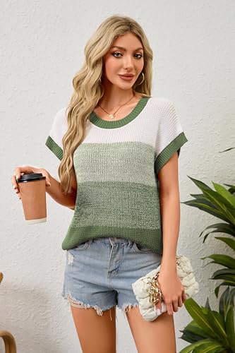 Women's Short Sleeve Sweater Vest Cap Sleeve Summer Sweaters Crewneck Casual Lightweight Color Block Tank Tops3