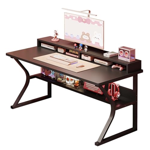 DESINO Gaming Desk with Shelf Computer Desk White C-Shaped Gaming Table PC Gaming Workstation Home Office Desks Space-saving Easy to Assemble (Black 120 * 60 * 75cm)
