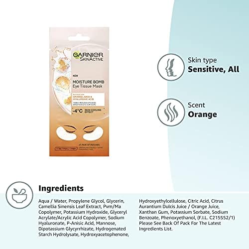 Garnier Moisture Bomb Orange Eye Mask, With Hyaluronic Acid And Orange Juice, Hydrating & Brightening Under Eye Mask, Reduce Appearance of Eye Bags, Biodegradable and Vegan Tissue Mask, 6g