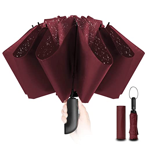 Conlun Paraguas Plegable Compacto – Paraguas invertido de Plegado Automático Rojo a Prueba de Viento para Hombres, Tejido 210T Abarca 105cm Paraguas Grande de 10 Varillas Regalos Originales