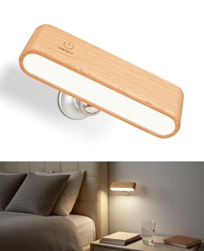 Image of Wood LED Wall Sconce, Magnetic 360 Rotatable Wall Mounted Night Light & Reading Light, Small Rechargeable Battery Powered Bedside Wall Lamp for Bedroom, Living Room, Beech Wood