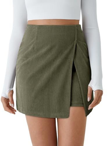 Cicy Bell Womens Corduroy Mini Skirt Casual High Waisted Side Slit A-line Work Short Skirts Army Green