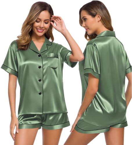 Image of SWOMOG Womens Silk Satin Pajamas Set Short Sleeve Sleepwear Button Down Top and Shorts Loungewear 2 Piece Pjs Set XS-3XL