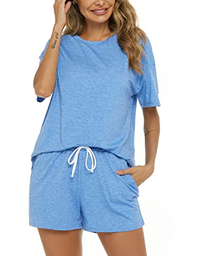 Image of LOCUBE Women's Pajama Set Soft Comfy 2-Piece Short Sleeve Lounge Sleepwear with Drawstring Shorts and Pockets