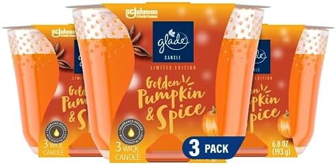 Glade Candle Golden Pumpkin & Spice, Fragrance Candle Infused with Essential Oils, Air Freshener Candle, 3-Wick Candle, 6.8 Oz, 3 Count