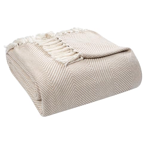 EHC Handwoven Large Cotton Throws for Sofas Bed Sofa Settee Couch Reversible Bed Cover Over Blanket Large 150 x 200cm Beige