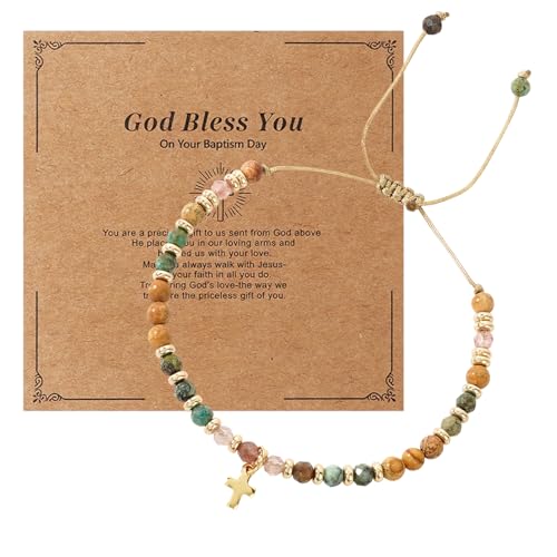 Cunegra Christian Gifts for Women, Adjustable Natural Stone Cross Bracelet with Message Card, Baptism Gifts, First Holy Communion Gift for Girls