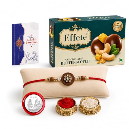 Image of DeoDap Rakhi with Chocolate for Brother - Round Shape Colorful Beads Rakhi with Butter Scotch Chocolate 32 Gm, Tilak Set, Silver Color Pooja Coin, Greeting Card - Traditional Raksha Bandhan Combo Set