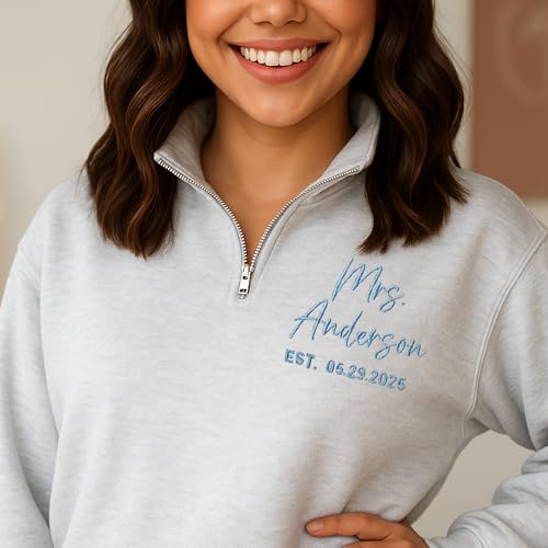 NAZENTI Personalized Embroidered Bride Sweatshirt, Mrs. Shirts Gifts, Bridesmaid Tshirt, Bridal Shower, Bachelorette, Wedding 5