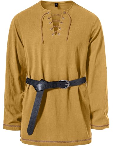 Image of JEMITOP Men's Pure Cotton Vintage Lace Up Shirts for Pirate Renaissance Viking Medieval Costume Without Belt