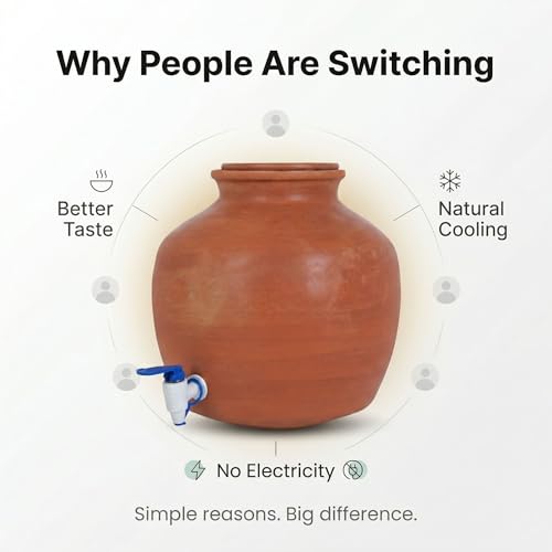Image of Terracotta Clay Water Pot 12 litres | Earthenware Pot for Storing Water with Lid | Mitti ka Matka 12 litres | Pani ka ghada | Matki with Tap & Lid