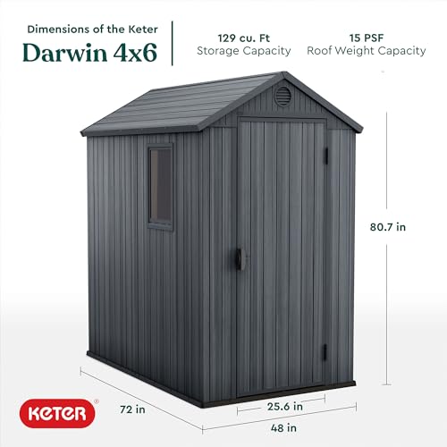 Keter Darwin 4x6 Feet Outdoor Storage Shed, Graphite Gray – Lockable Resin Organizer Unit with Single Door, Window, and Skylight for Backyard, Garden, or Lawn Organization