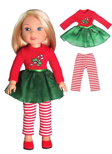 American Fashion World Candy Cane Tutu Dress Set for 14-Inch Dolls | Leggings Included |Premium Quality & Trendy Design | Dolls Clothes | Outfit Fashions for Dolls for Popular Brands
