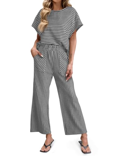 Image of Tankaneo Womens Striped 2 Piece Sets Short Sleeve T Shirts Wide Leg Pants Matching Lounge Set with Pockets