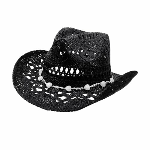 Image of Straw Cowboy Hats for Women Sparkly Western Cowgirl Hat for Holiday Party Foldable Vacation Beach Sun Hat with Wide Brim