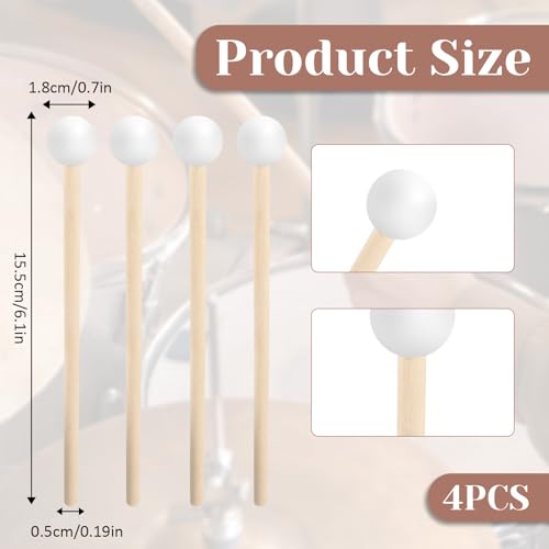 4 Pcs Steel Tongue Drum Mallets, Xylophone Mallets, Glockenspiel Mallet, 6.1in Wooden Rubber Percussion Mallet, Children\'s Rubber Drumsticks, Percussion Sticks, White